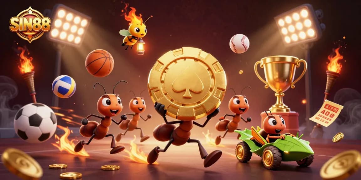 SIN88: Ants embark on a thrilling heist with a golden poker chip amidst dynamic sports elements.