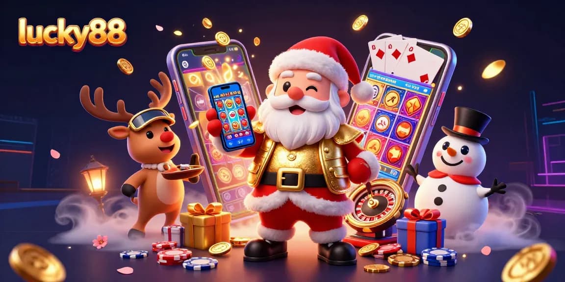 Experience gaming excitement with lucky88 illustrated by Santa, reindeer dealer, and poker chip snowman.