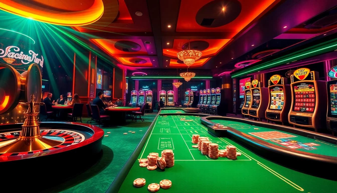 Experience thrilling wins at https://luck8k.cn.com, showcasing a vibrant casino scene with roulette wheels and poker tables.