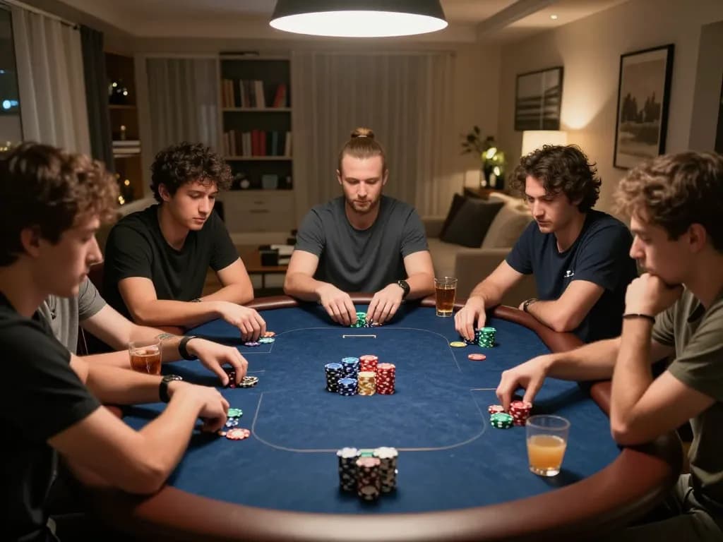 Players enjoying a poker game at home, showcasing strategic moves and engaging atmosphere with fly88 for a thrilling experience.