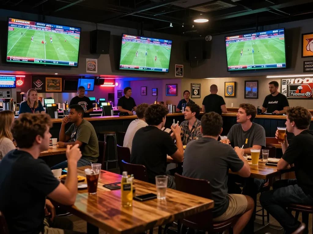 Socolive viewers enjoying real-time soccer matches in lively sports bar setting, vibrant atmosphere.