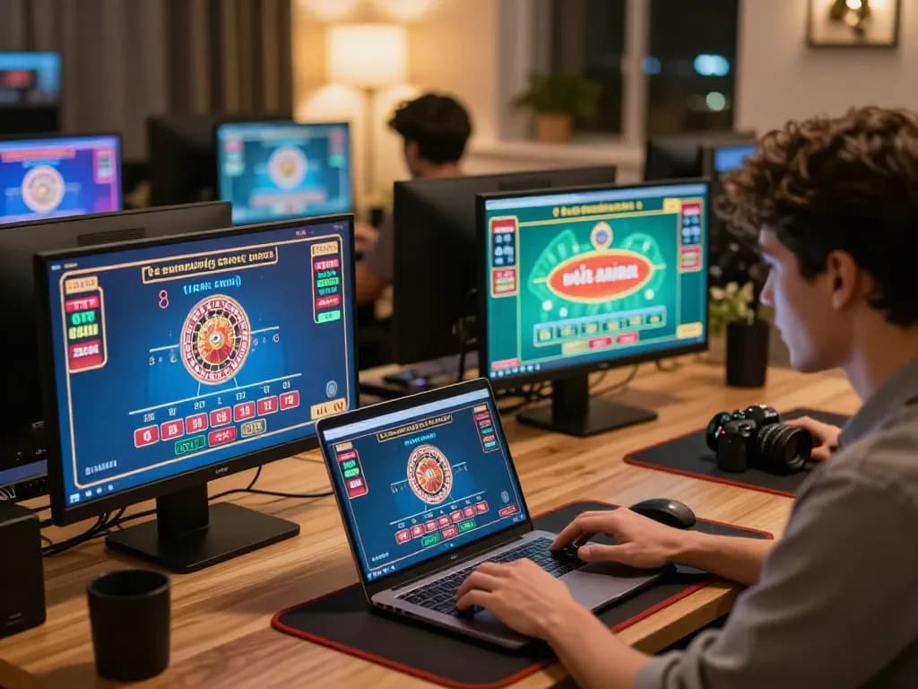 Player enjoying F168's online gaming experience on a sleek laptop amidst vibrant casino game screens.