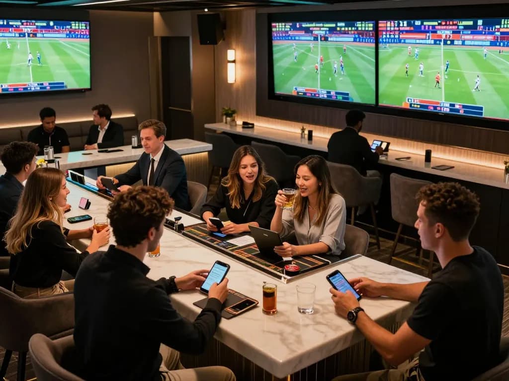 F8BET players engaging in live sports betting at a modern lounge with high-definition screens.