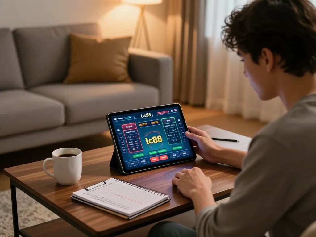 Engaged user analyzing betting options in lc88 game interface during cozy home session.