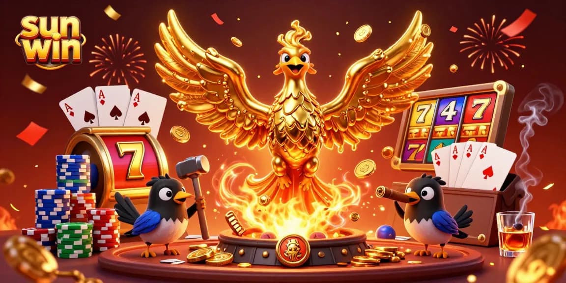 Engage in thrilling gaming excitement at sun win with vibrant slot reels and golden phoenix imagery.