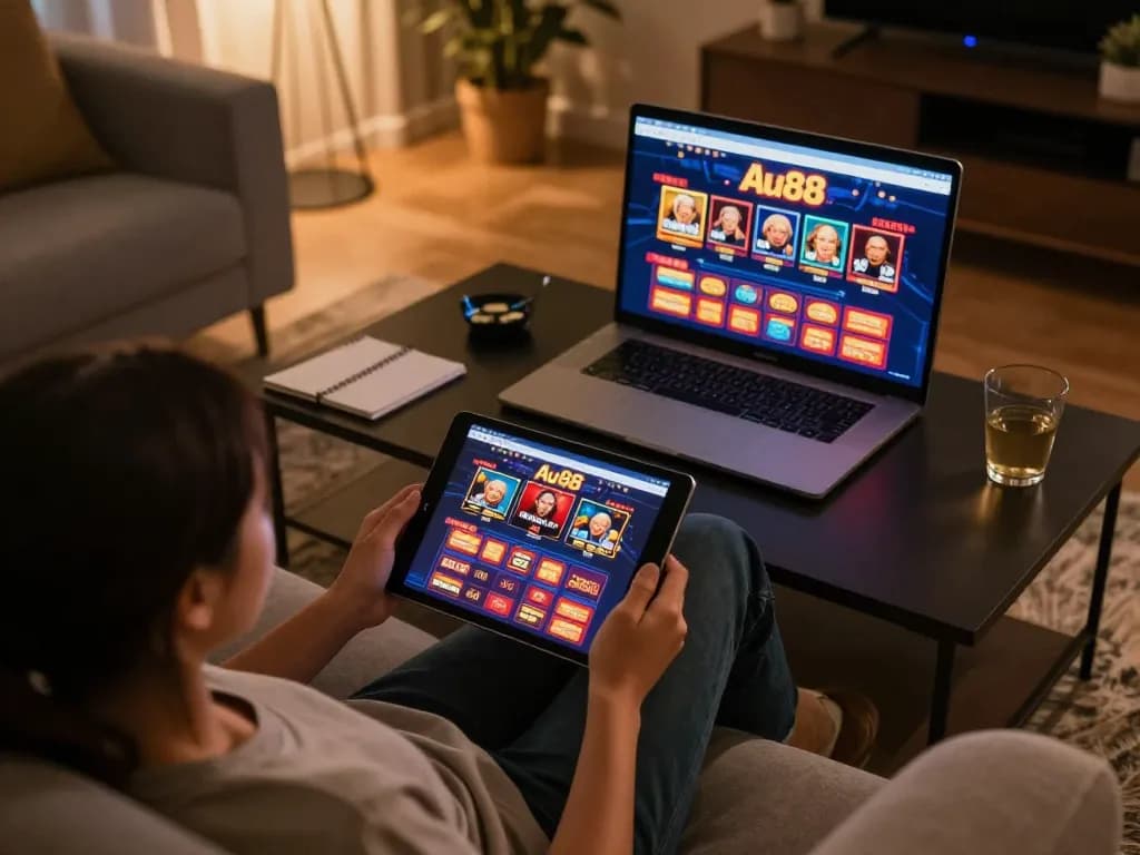 Player enjoying Au88 online games on tablet in a cozy home setting, showcasing gambling entertainment.
