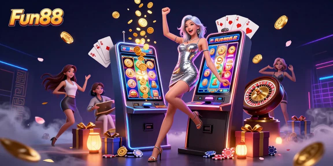 Spin to win with Fun88, featuring an Asian woman celebrating a slot machine jackpot, coins erupting.