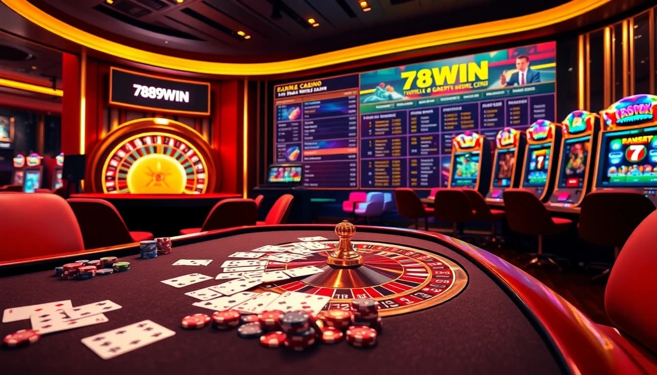 Experience excitement at 789WIN, featuring luxury casino tables and vibrant slot machines in a dynamic setting.