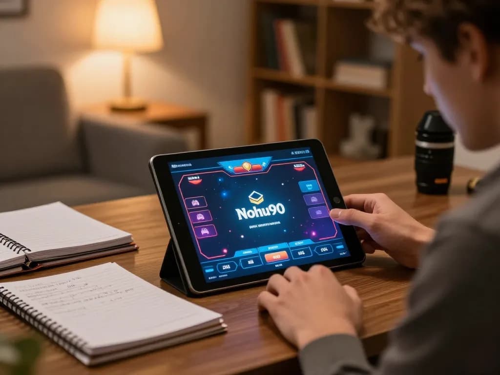 Nohu90 engaging online poker player studying strategy notes in cozy home office