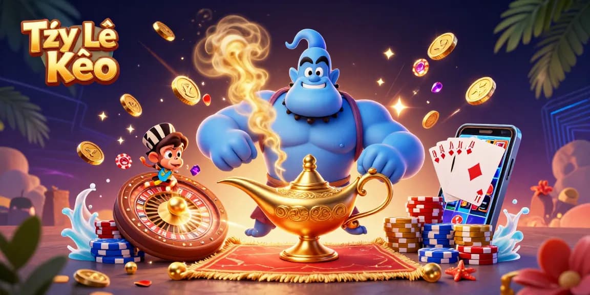 Experience winning strategies with Tỷ Lệ Kèo in this vibrant 3D casino scene featuring genies and poker chips.