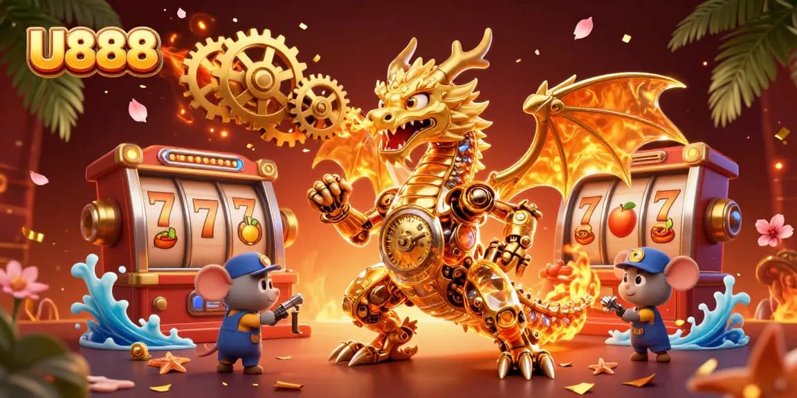 Experience U888's thrilling slot game adventure with a golden dragon and festive elements.