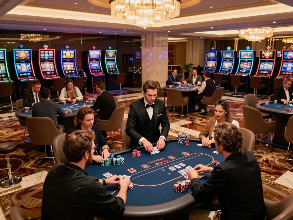 Engaged players at poker tables in a luxurious casino setting showcasing https://92slot.net/ entertainment experience