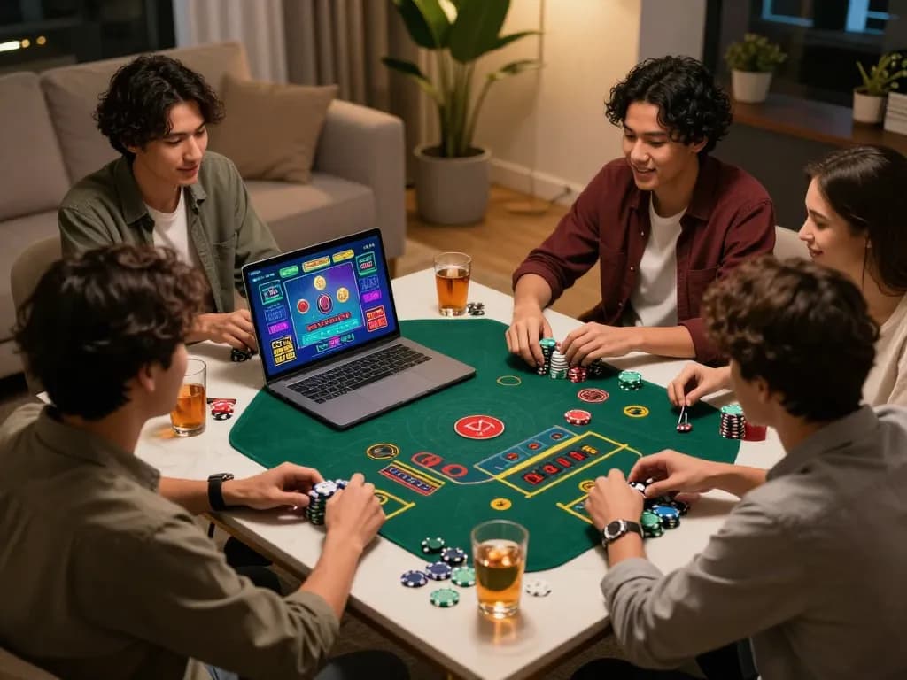 CK444 players enjoying a lively online casino session with friends at home, showcasing engaging gameplay and immersive atmosphere