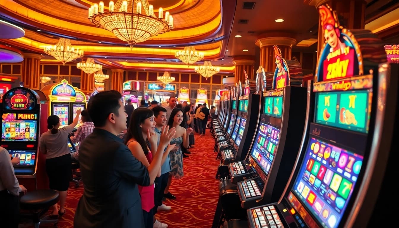 Players celebrating a nổ hũ jackpot win at a vibrant casino with slot machines.