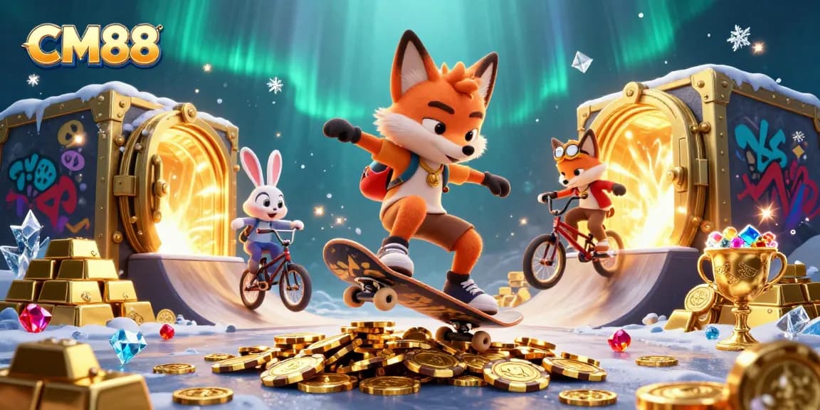 Engage with CM88's energetic gambling scene featuring a fox and rabbit amid casino treasures.