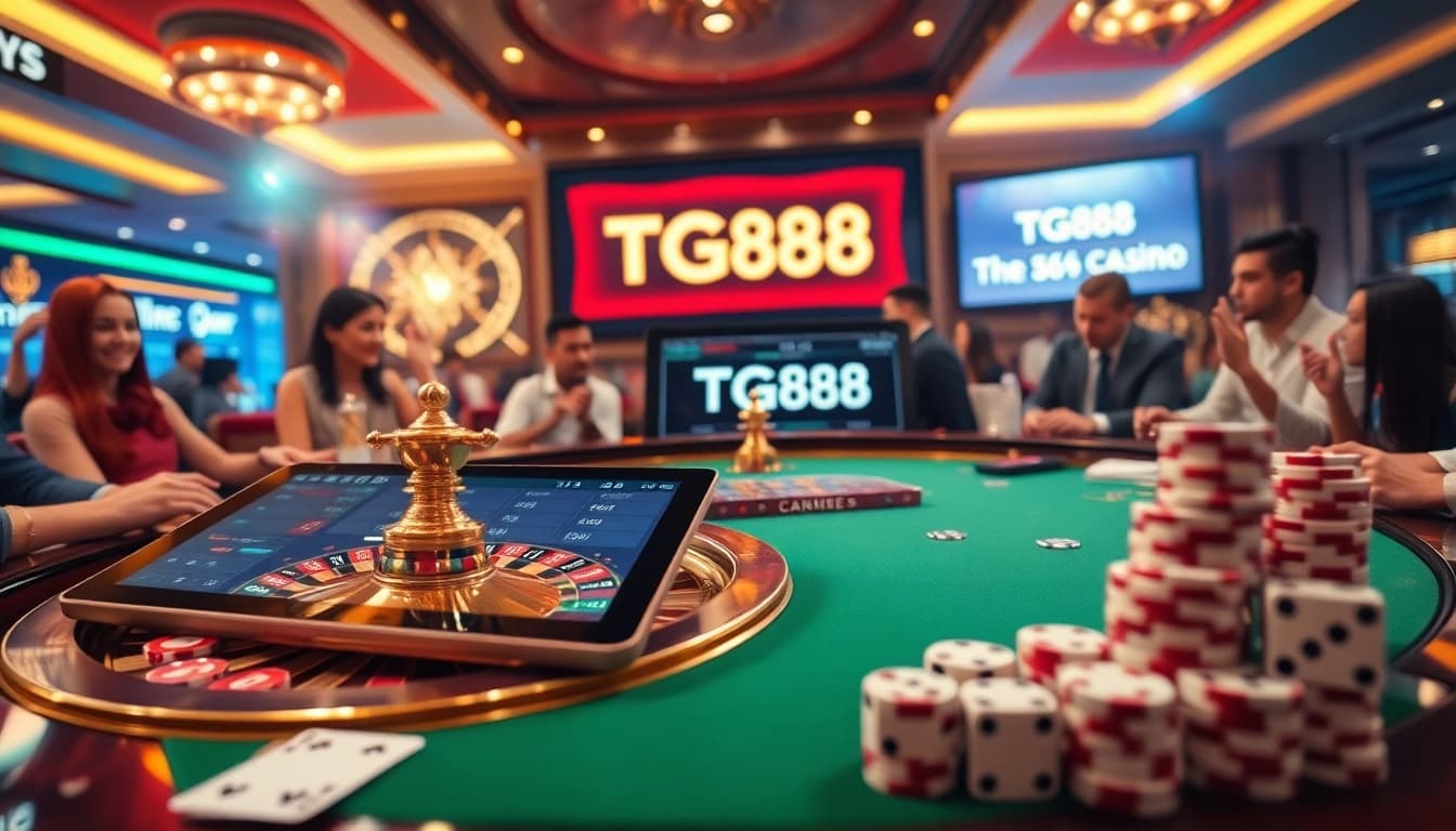 Experience the thrills of betting with TG88 at a vibrant casino table with roulette and poker elements.