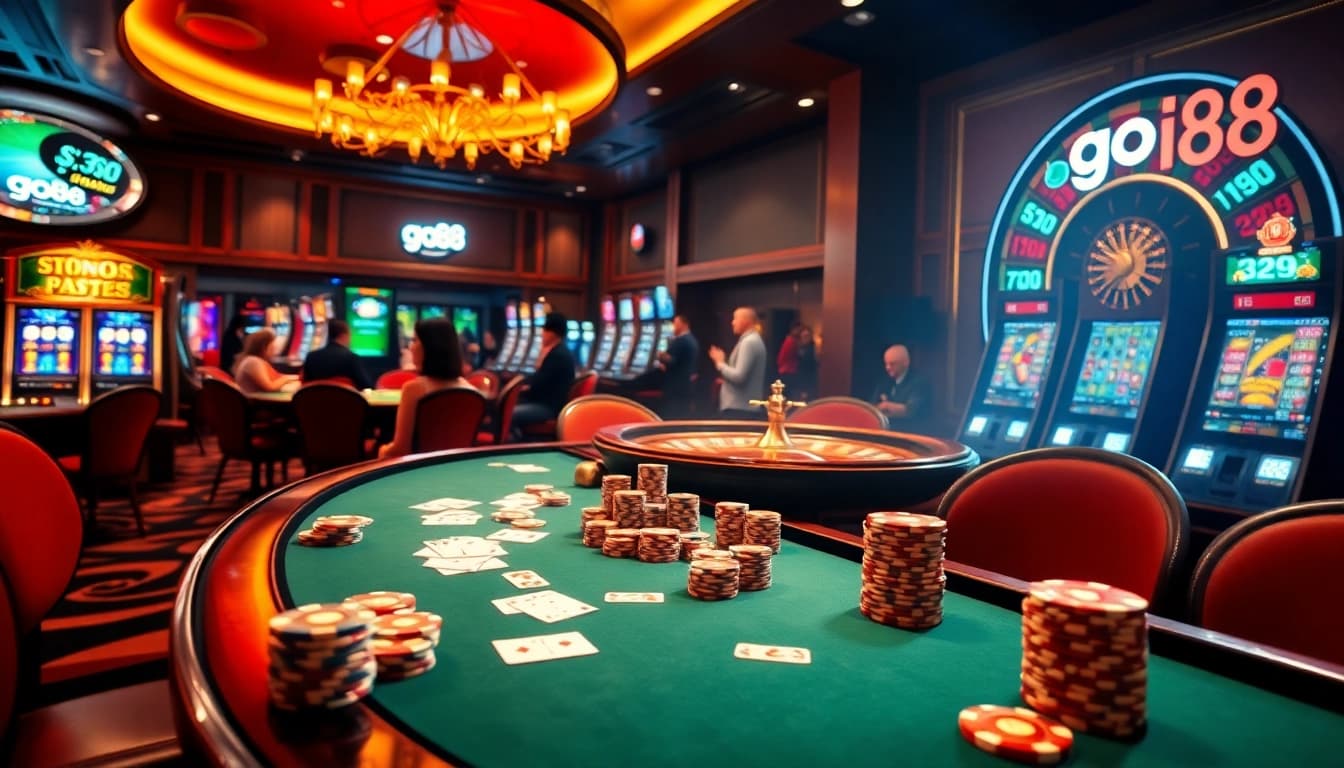 Go88 branded poker table with vibrant chips and cards, showcasing thrilling casino action.