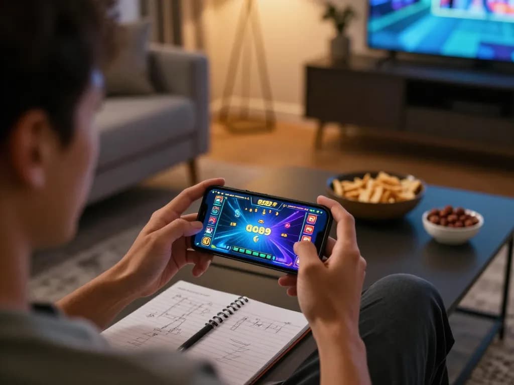 Engaged player using go89 app for strategic online gaming session in a cozy living room