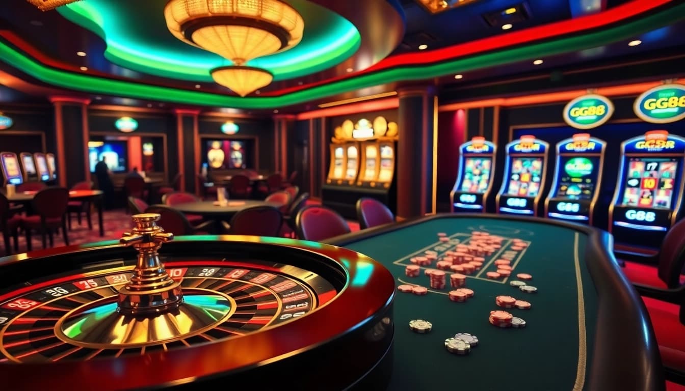 High-stakes poker players enjoying GG88-themed chips in a luxury casino setting.