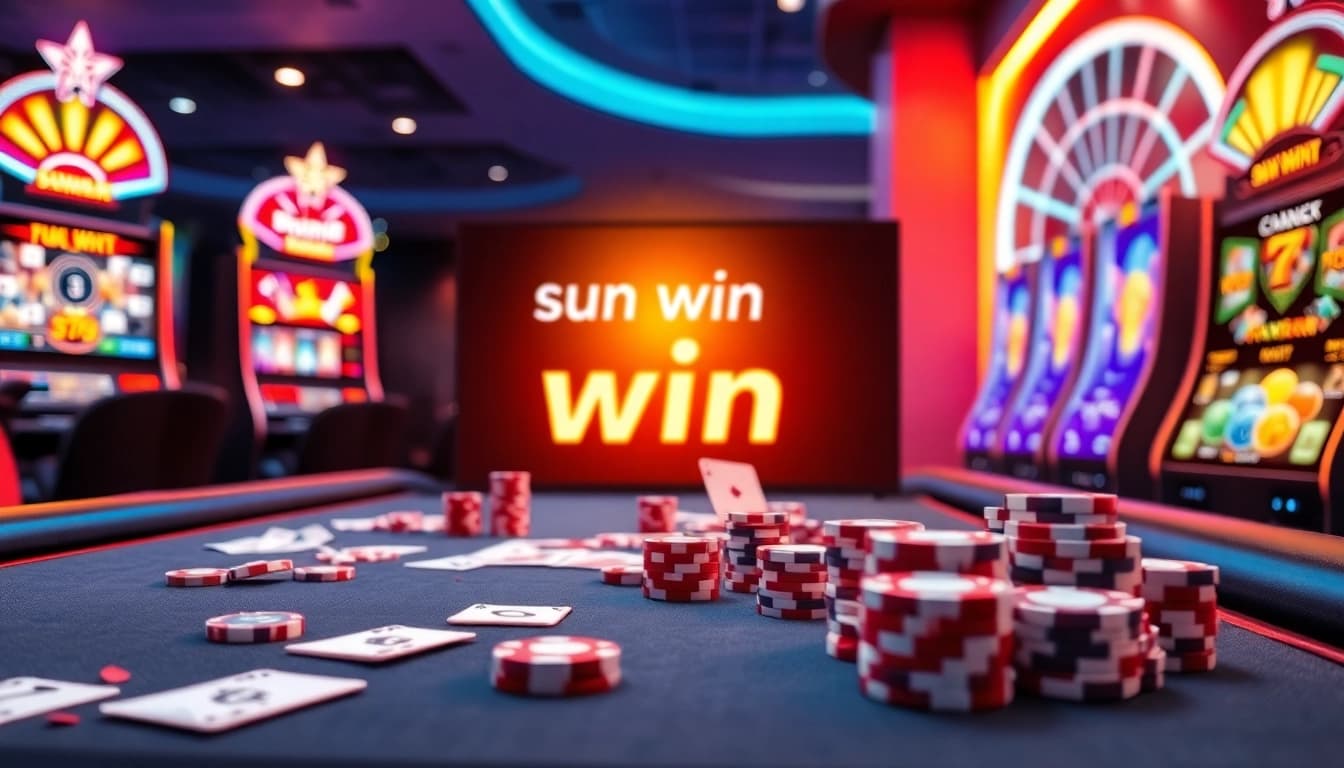 Experience the thrill of winning with sun win at an elegant casino table filled with poker chips and cards.