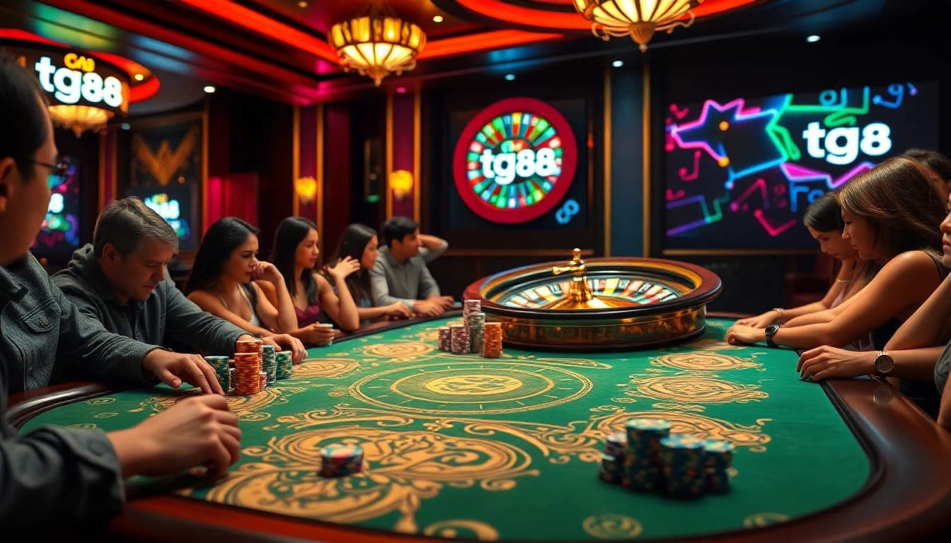 Experience the excitement at tg88 casino with a vibrant poker table, stacked chips, and thrilling gameplay.