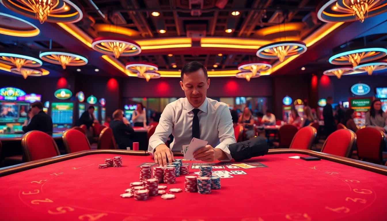 Betting excitement at RR88 casino with lively dealer and vibrant gaming table.