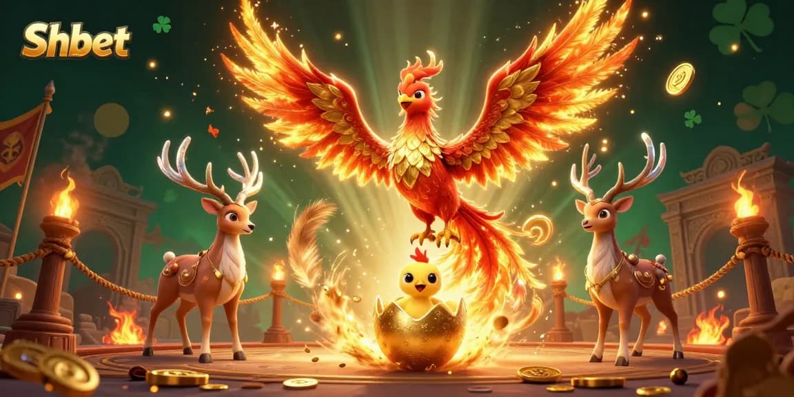 Experience Shbet excitement with a phoenix soaring over a dynamic casino scene filled with vibrant game elements.