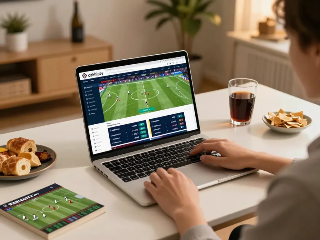 Engaging in live football betting on cakhiatv with an inviting home setup and laptop interface