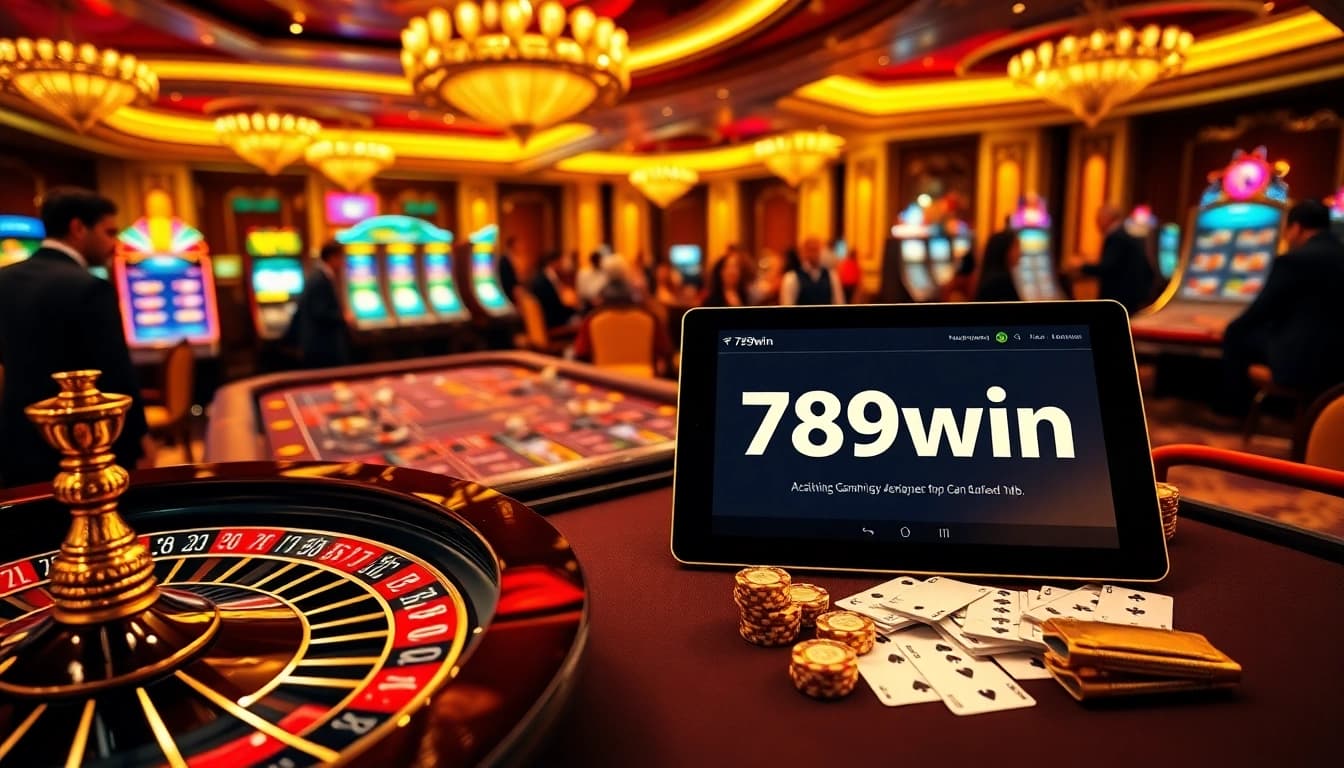 Exciting casino environment with vibrant tables and the 789win link displayed on a tablet.