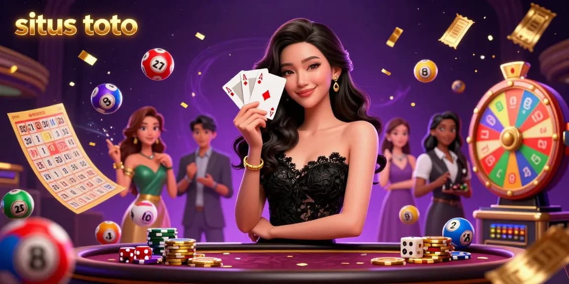Situs toto showcases an elegant Asian woman revealing winning poker strategies amidst vibrant lottery elements.