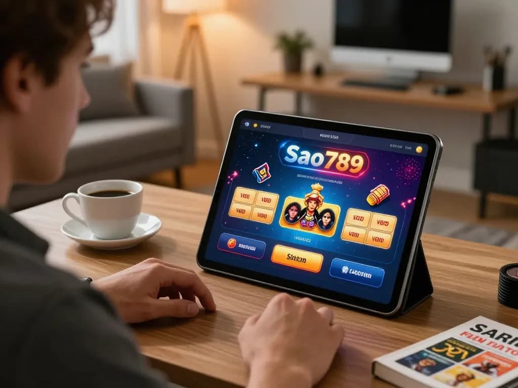 Sao789 player engaging in live casino gaming on a tablet with vibrant interface in a cozy home office.