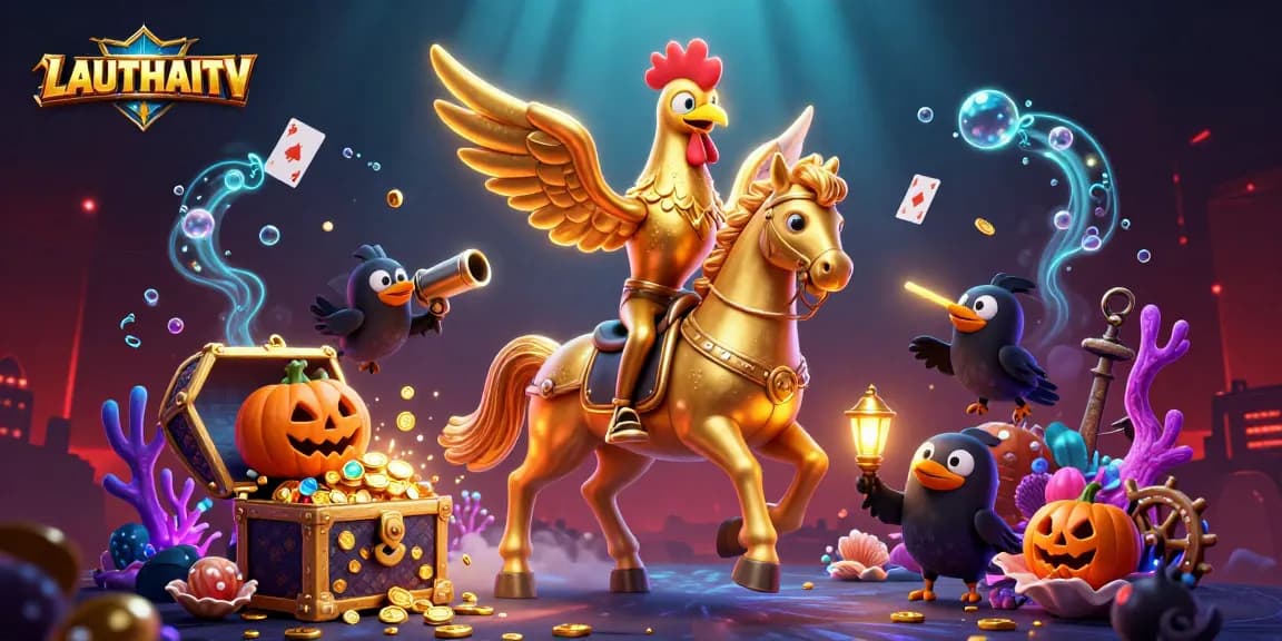 Experience thrilling betting action with LAUTHAITV showcasing golden rooster characters amidst a vibrant casino.