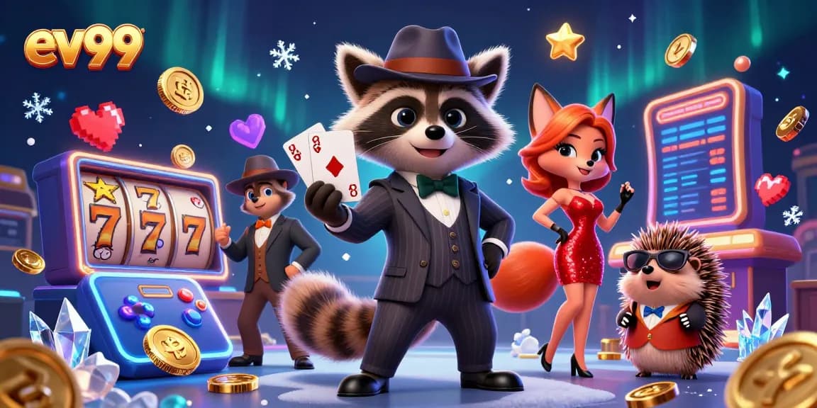Experience thrilling gaming adventures with ev99 in this vibrant casino-themed illustration.