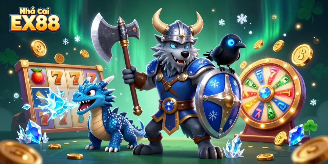 Engage with the vibrant scene of Nhà cái EX88 featuring a heroic Viking wolf and treasures of the casino world.