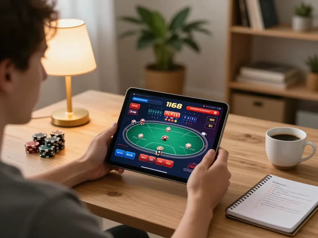 Player enjoying f168 online poker game on tablet with strategic notes in a warm home setting