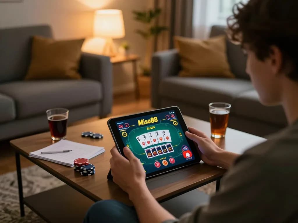 Miso88 online gaming setup showing a player engaged in live casino action with cards and notes in a cozy room.