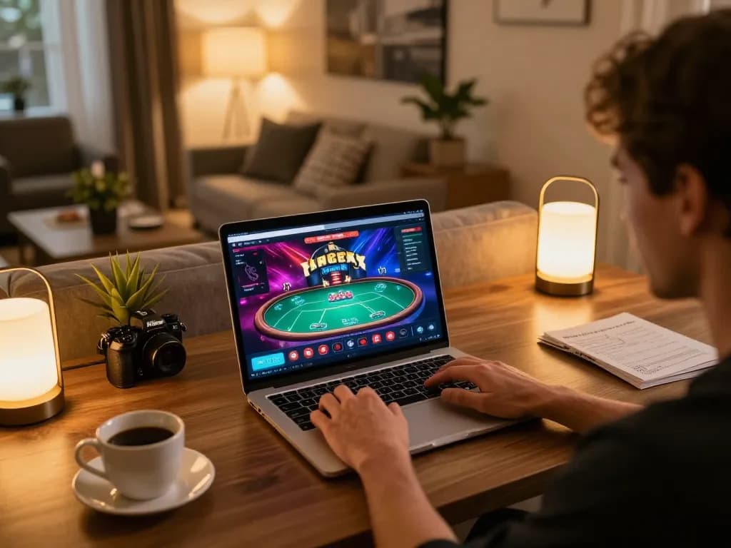 Engaged user playing poker on lc88pro with vibrant online interface in cozy home setup