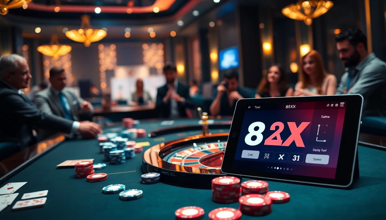 Exciting casino scene with vibrant colors and poker elements featuring the 8XX app interface.