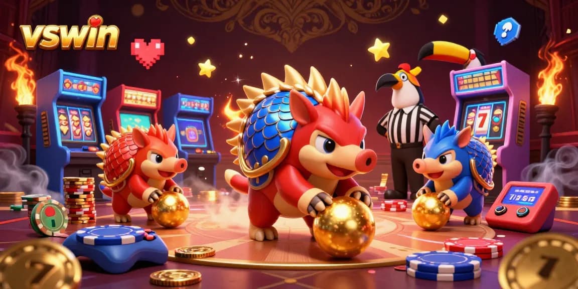 Experience the thrill of vswin with rival pangolins competing amid colorful casino elements and vibrant golden coins.