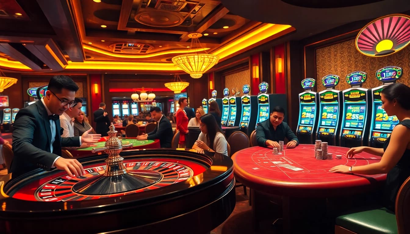 Playing exciting casino games at https://www.jl55.club/ with roulette and poker tables filled with eager gamblers.