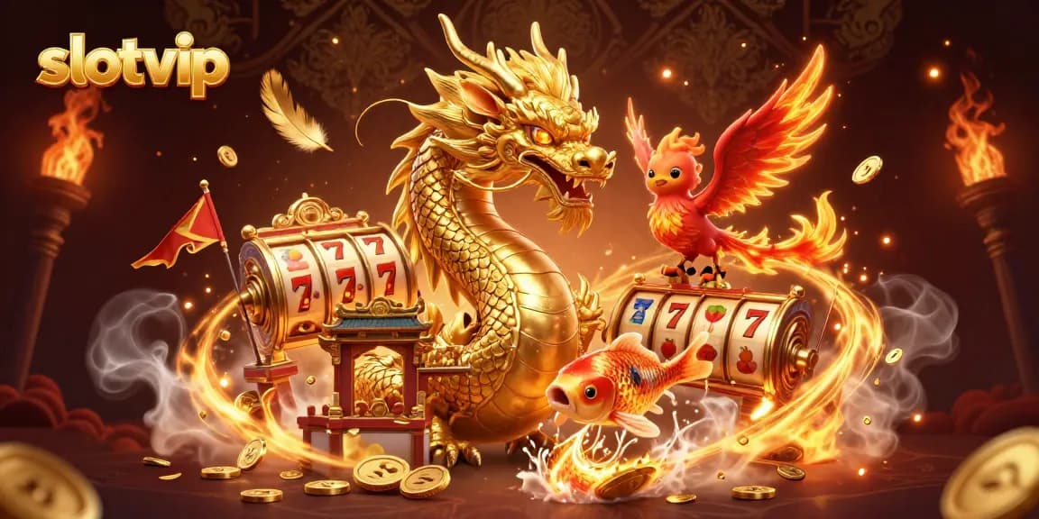 Spin the reels at slotvip with an epic dragon, phoenix, and koi fish in a dynamic casino scene.