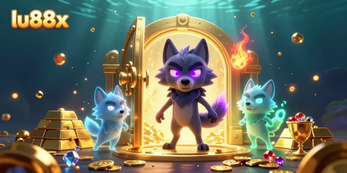 lu88x captivates with mesmerizing wolves amidst treasure, showcasing an enthralling casino experience.