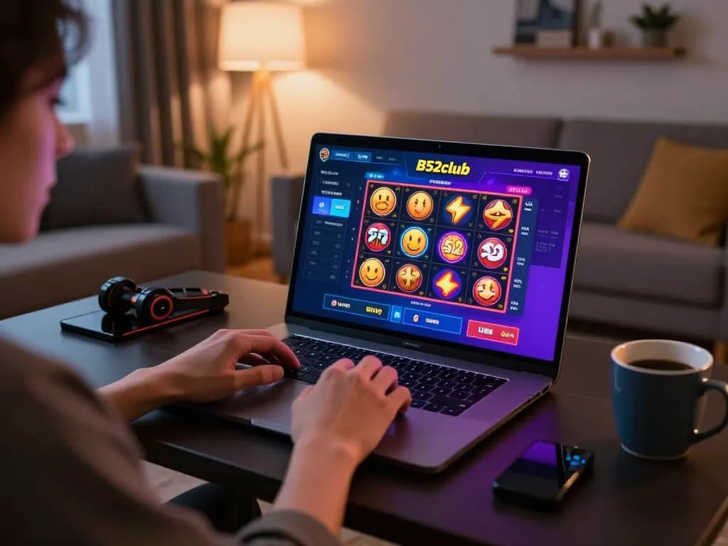 B52club user engaging with online games in a stylish home setup, showcasing a vibrant gaming interface.