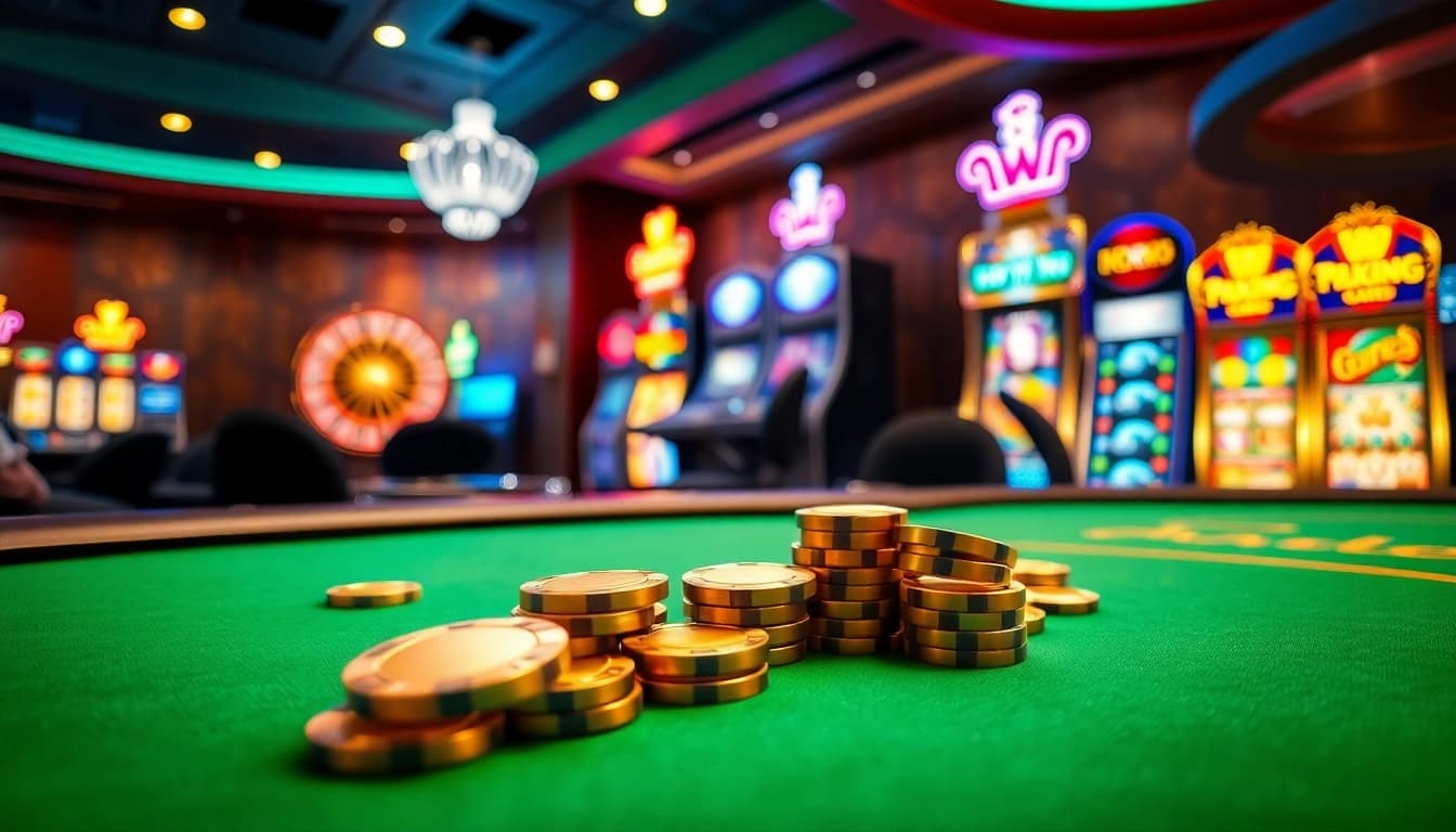 Experience the thrill of nk88 with a vibrant casino setting featuring poker chips and roulette.