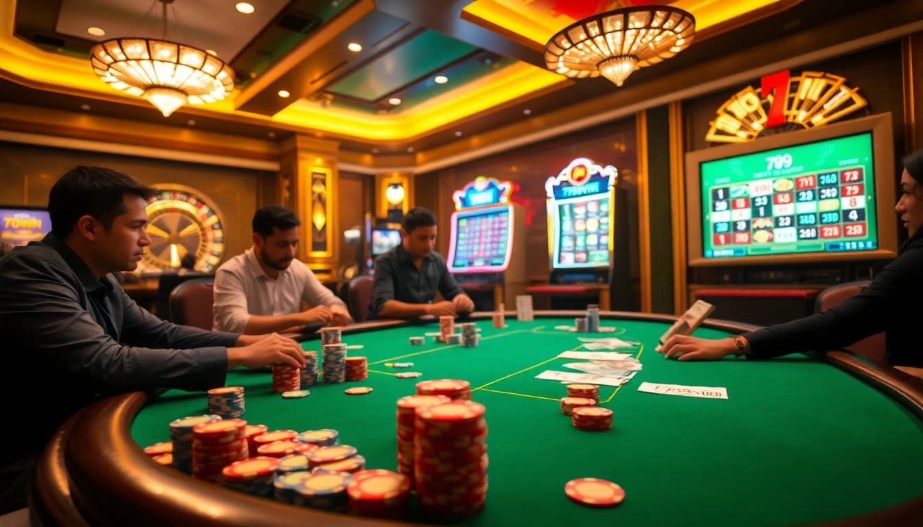 Players strategizing their bets at a 789win poker table with vibrant chips and a roulette wheel.