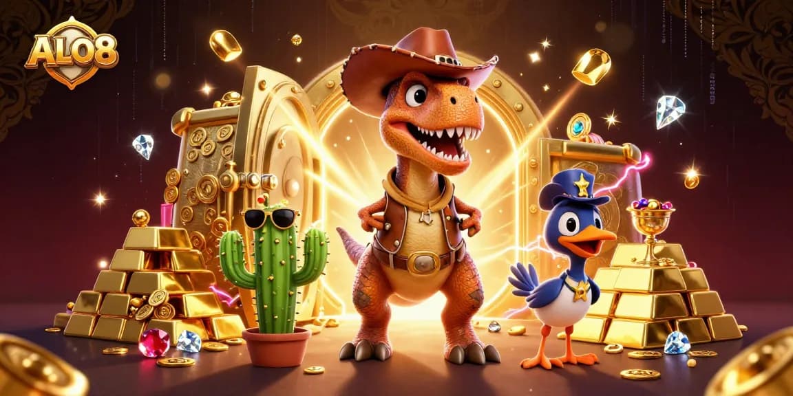 Experience thrilling wins at ALO8 with an energetic cowboy dinosaur and vibrant casino elements.