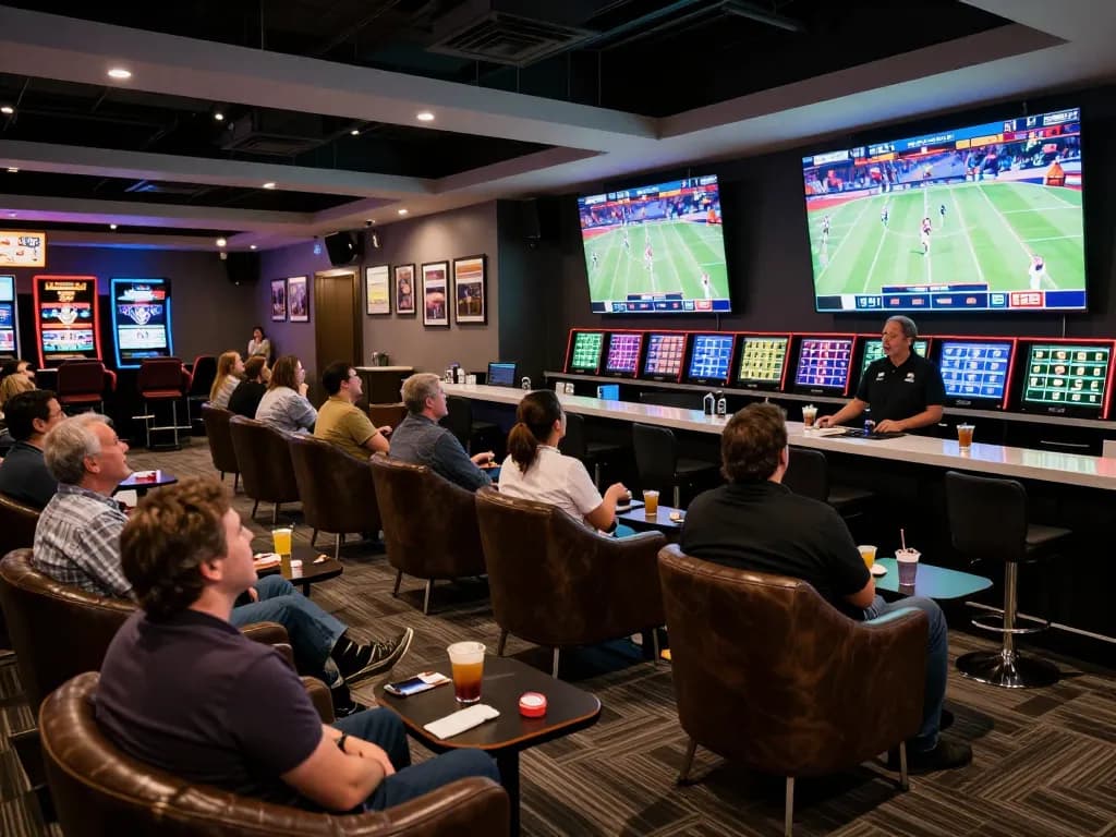 Patrons engaging in sports betting excitement at https://rr88.auction/ with vibrant screens and cozy atmosphere