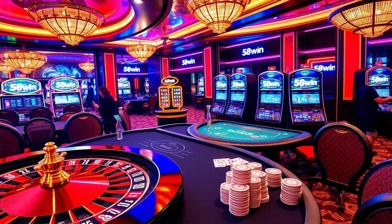 Experience thrilling gaming action at 58win casino, featuring roulette, poker, and vibrant slot machines.