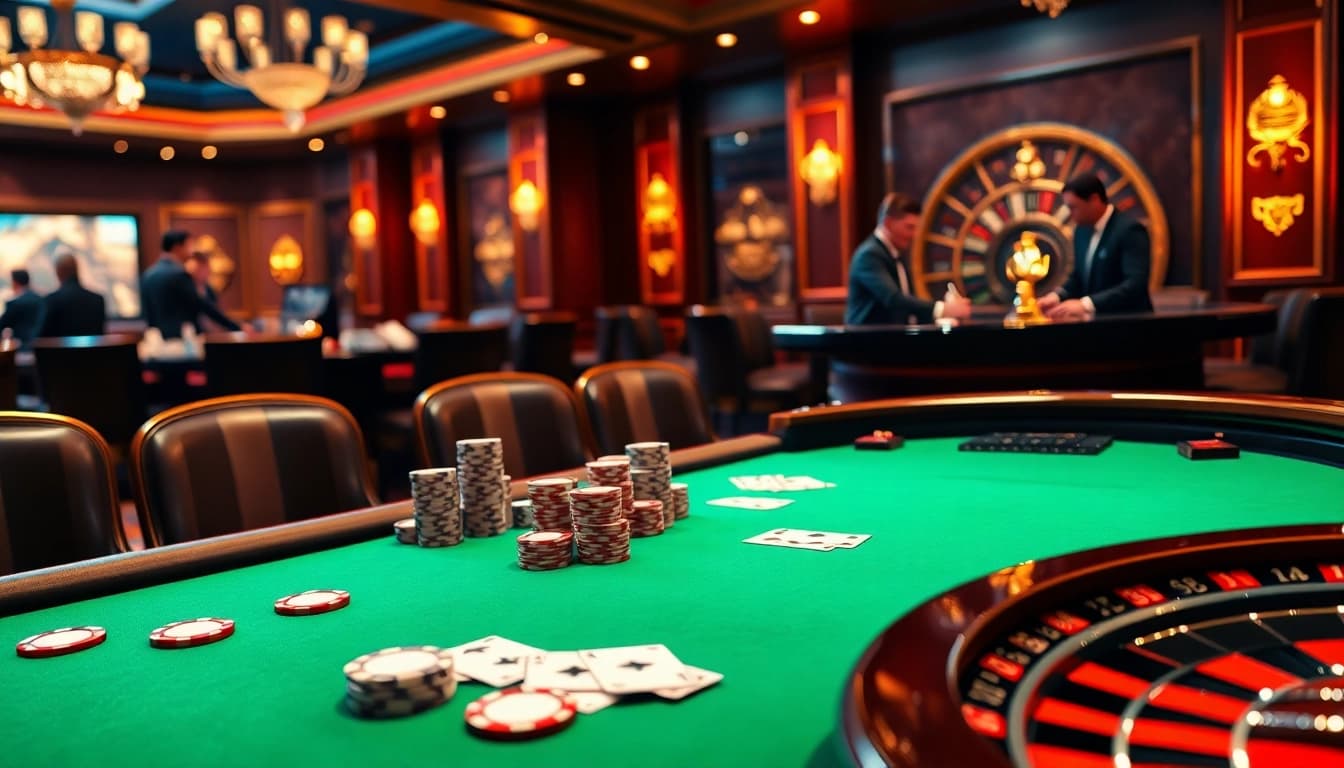 Experience thrilling gameplay at the bsport casino, featuring poker chips, cards, and roulette wheel.