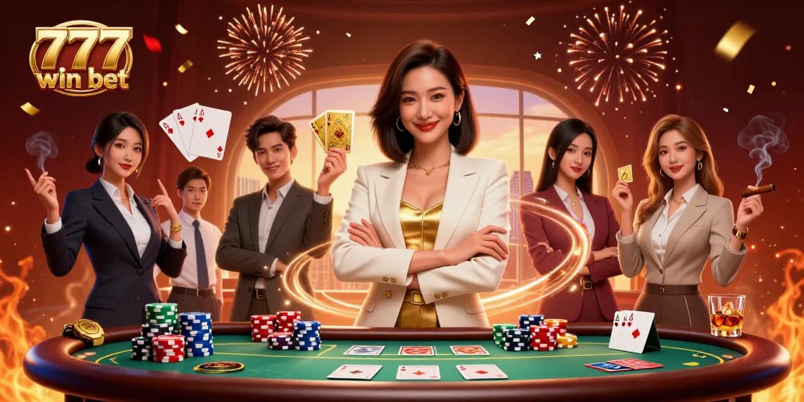 Terlibat dengan 777win bet melalui ilustrasi kasino menakjubkan yang menampilkan wanita Asia yang kuat memegang kartu emas.